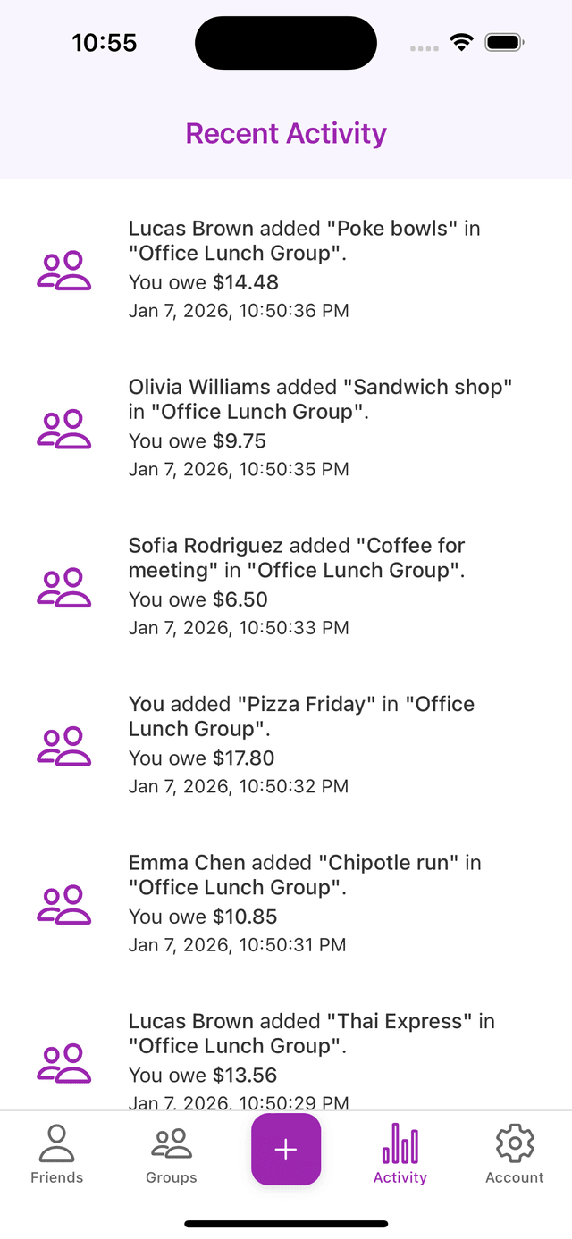 Expense split screen